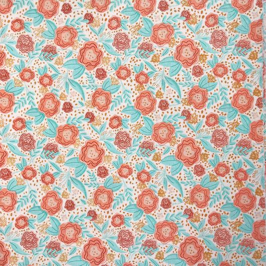 Floral pattern with red and blue flowers on a white background