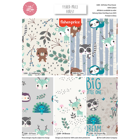 Fisher-Price forest-themed fabric swatches with animals and text on a white background