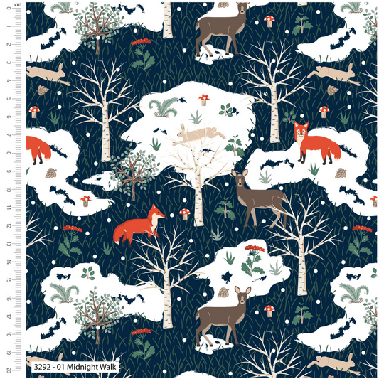 Fabric with winter forest design featuring animals and trees on a dark blue background.