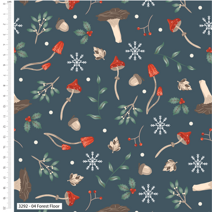 Pattern of mushrooms, leaves, acorns, and snowflakes on a blue background with a ruler on the side.