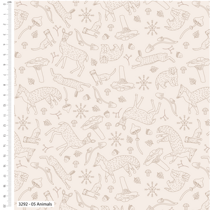 Pattern of animals and nature elements on a beige background with a ruler on the left side.