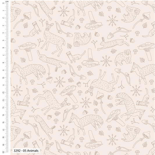 Pattern of animals and nature elements on a beige background with a ruler on the left side.