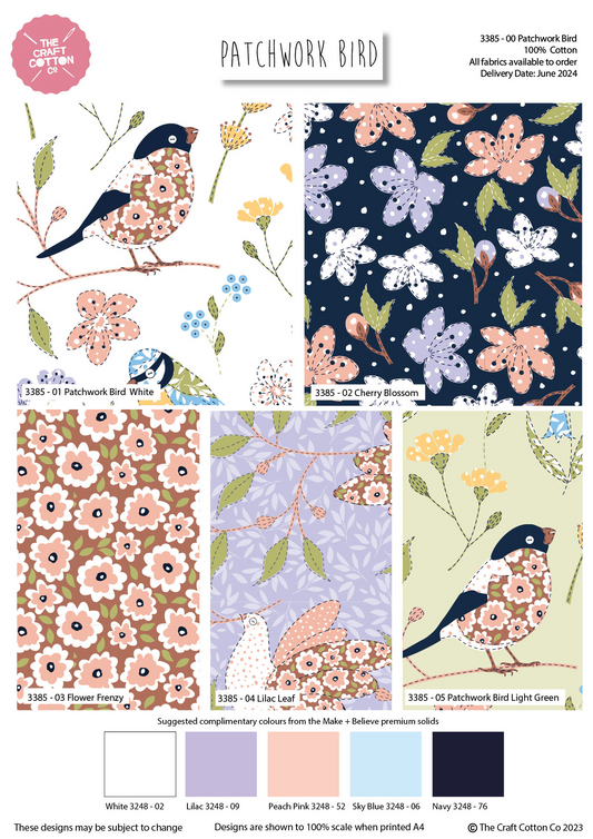 Collection of patchwork bird fabric patterns with color swatches.