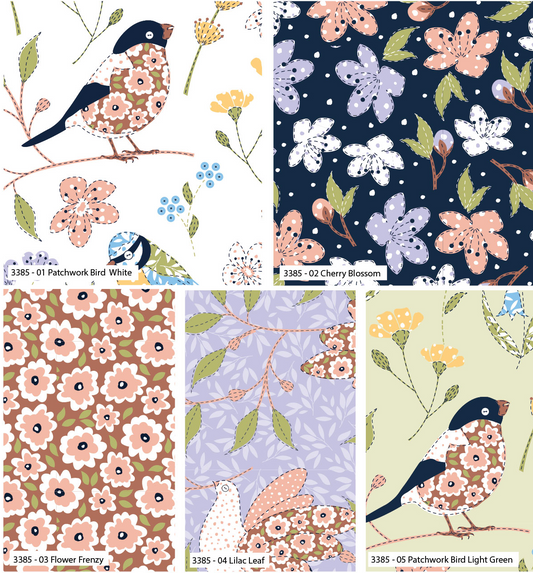 Collage of floral and nature-themed fabric patterns with birds and flowers.
