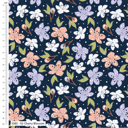 Floral pattern with cherry blossoms on a navy background