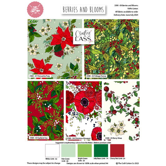 Collection of fabric swatches with floral and berry patterns, featuring the brand 'Crafty Lass'.