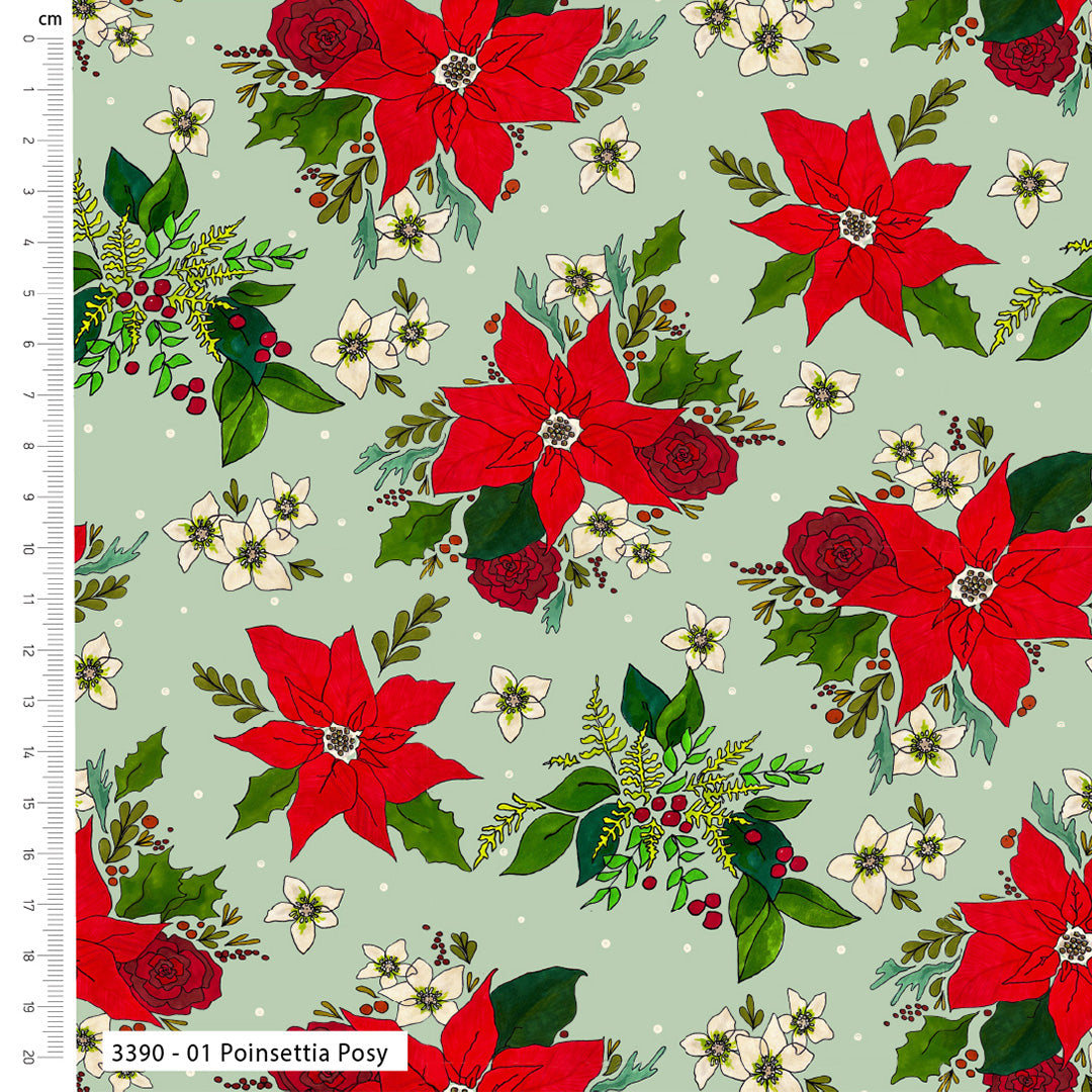 Pattern of red poinsettias and greenery on a light green background with a ruler on the left.