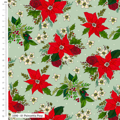 Pattern of red poinsettias and greenery on a light green background with a ruler on the left.