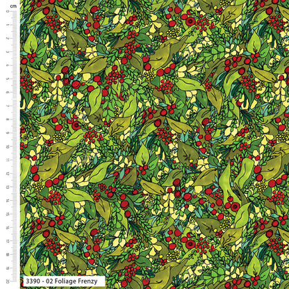 Foliage pattern with green leaves and red berries on a fabric swatch.