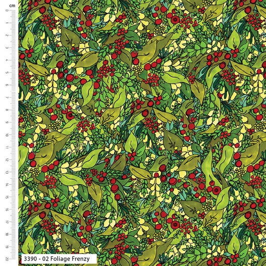 Foliage pattern with green leaves and red berries on a fabric swatch.