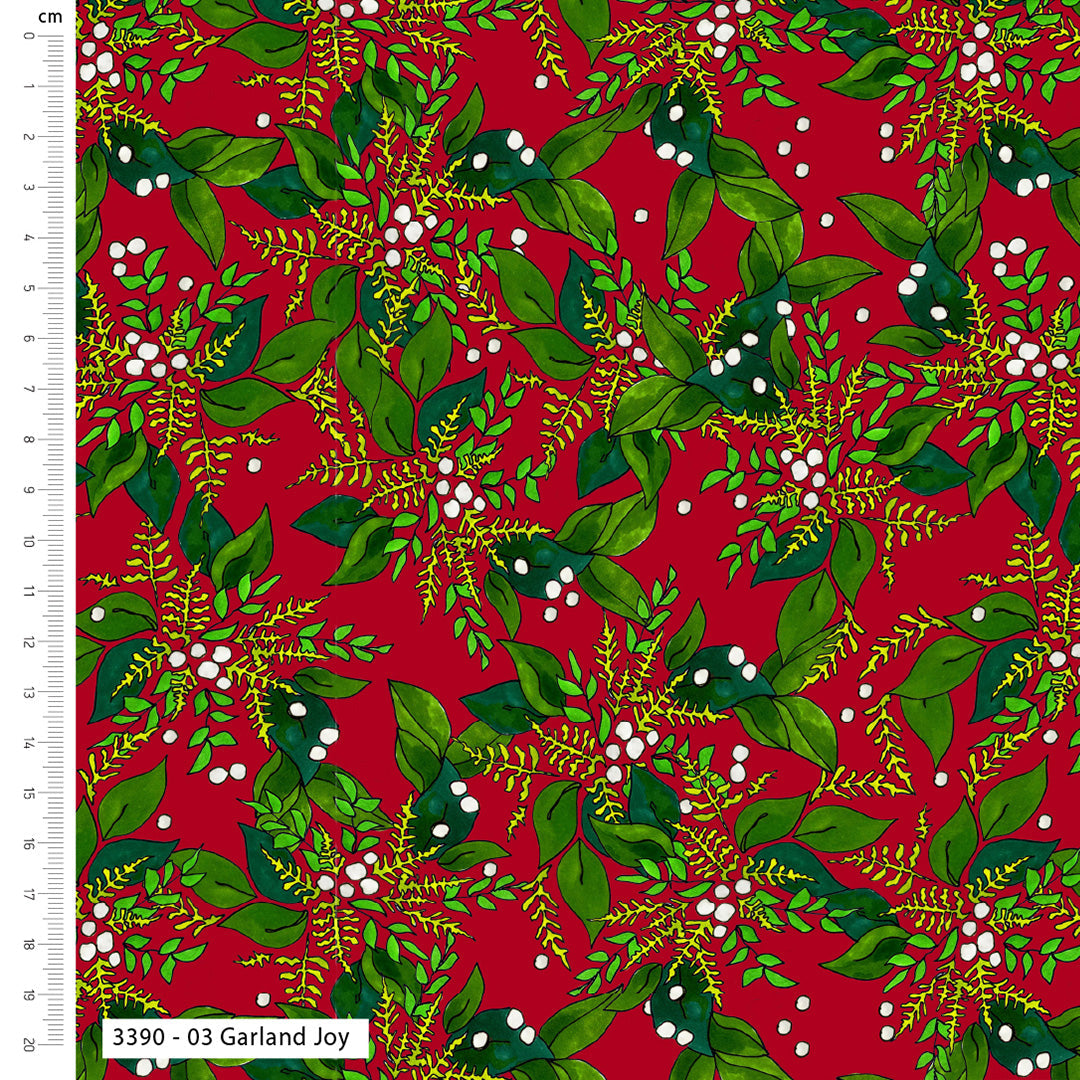 Festive fabric pattern with green leaves and red background, featuring a ruler on the left side.