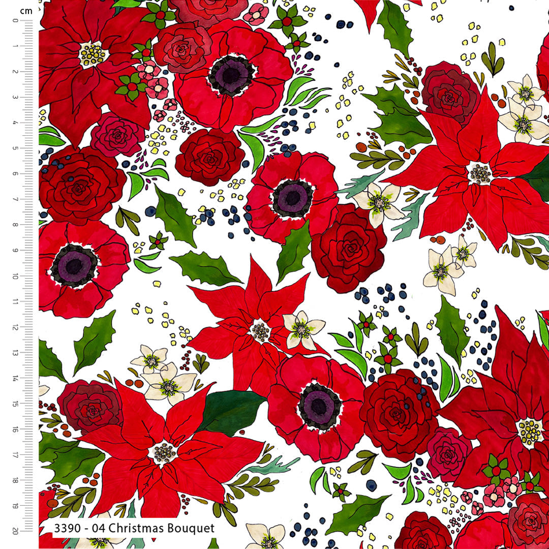 Pattern of red poinsettias and roses on a white background with a ruler on the left side.