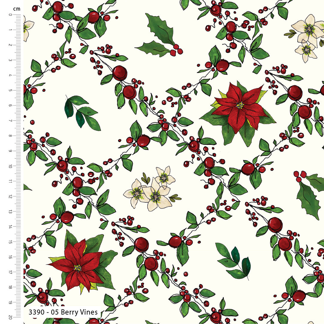 Festive fabric pattern with red poinsettias, green leaves, and berries on a white background.