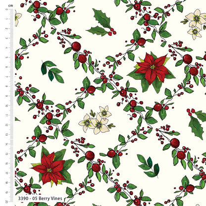 Festive fabric pattern with red poinsettias, green leaves, and berries on a white background.