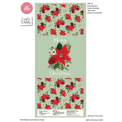 Cotton panel with Christmas-themed design featuring red flowers and green leaves on a light green background.