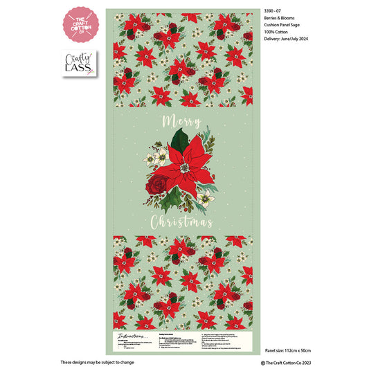 Cotton panel with Christmas-themed design featuring red flowers and green leaves on a light green background.