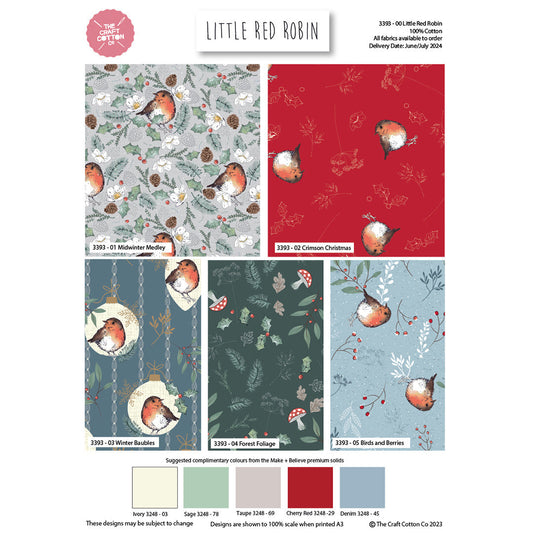 Collection of fabric swatches with Little Red Robin designs on a white background.