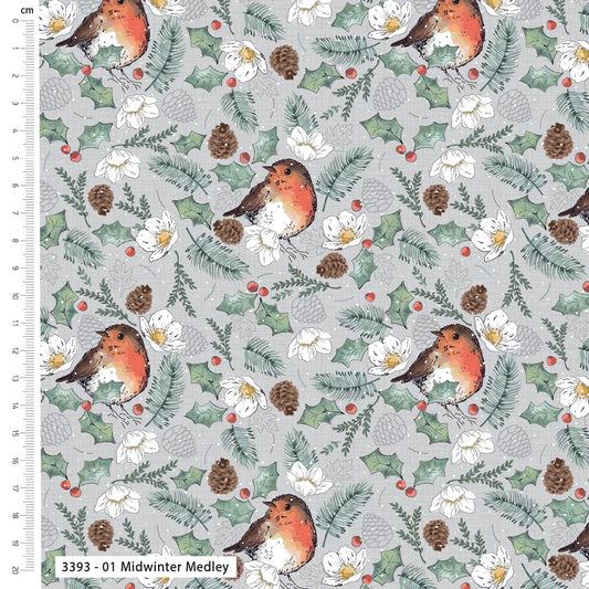 Festive fabric pattern with robins, holly, and pine cones on a gray background.