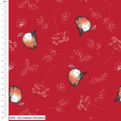 Pattern of birds and plants on a red background with a ruler on the side.