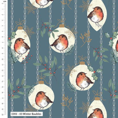 Pattern of Christmas baubles with birds and foliage on a blue background, with a ruler on the left side.