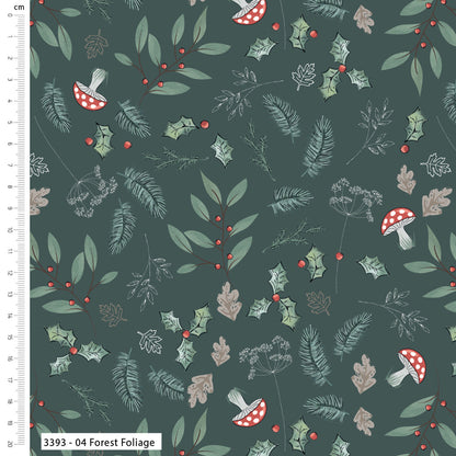 Pattern of forest foliage and mushrooms on a dark green background with a ruler for scale.