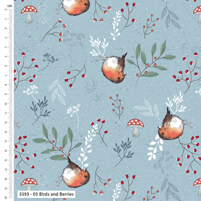 Pattern of birds, berries, and mushrooms on a blue background with a ruler on the left side.