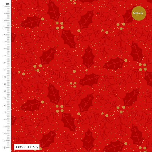 Red fabric with holly leaves and berries pattern on a red background
