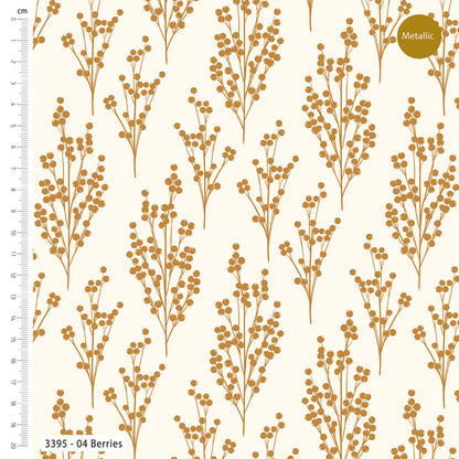Pattern of gold berries on a beige background with a ruler for scale.