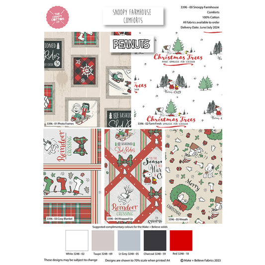 Collection of Snoopy Farmhouse Peanuts fabric designs on a white background