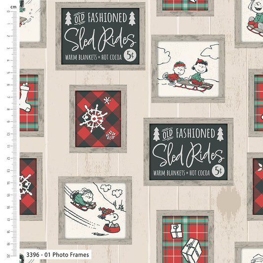 Fabric with Christmas-themed photo frames and illustrations on a plaid patterned background.