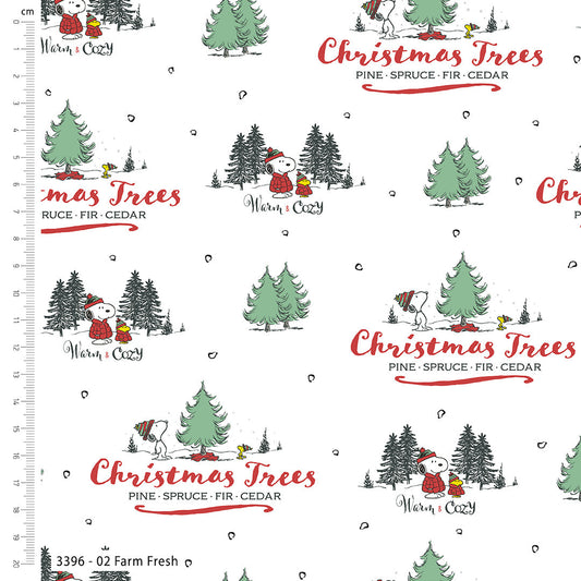 Pattern of Christmas trees and Snoopy with a ruler on a white background