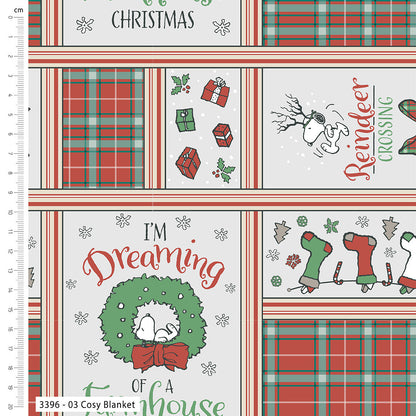 Christmas-themed fabric with plaid patterns, reindeer, and holiday phrases on a white background.
