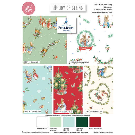 Collection of Peter Rabbit fabric designs with Christmas theme on a white background.