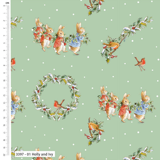 Fabric with festive design featuring rabbits, birds, and holly leaves on a green background.