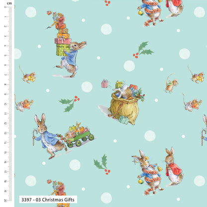 Fabric with cartoon rabbits and hares on a light blue background with white polka dots.