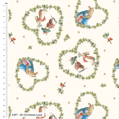 Pattern of cartoon characters in wreaths with a ruler on the side