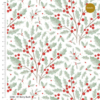Pattern of holly leaves and berries on a white background with a ruler for scale.
