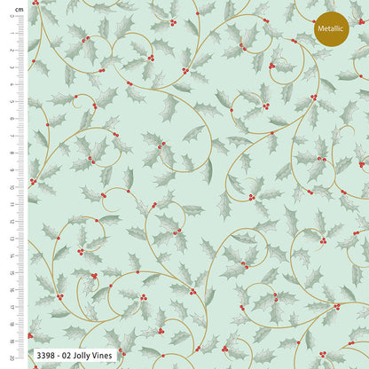 Patterned fabric with holly leaves and berries on a light blue background, featuring a ruler on the left side.