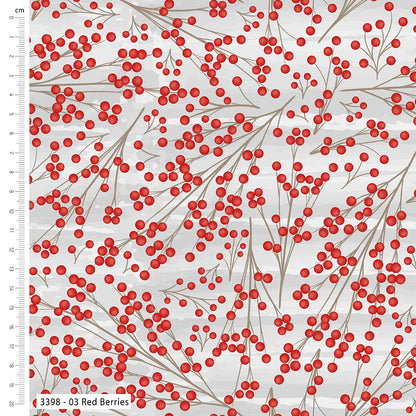 Pattern of red berries on a white background with a ruler for scale.