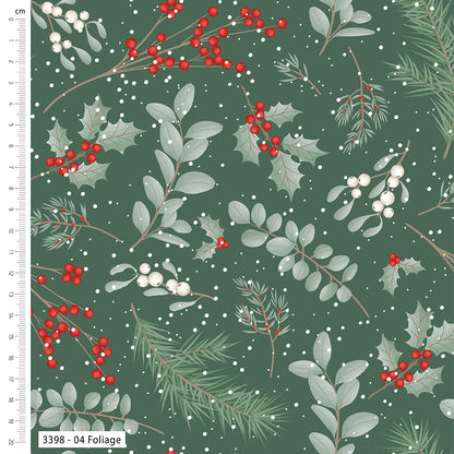 Festive fabric pattern with holly leaves, berries, and evergreen branches on a green background.