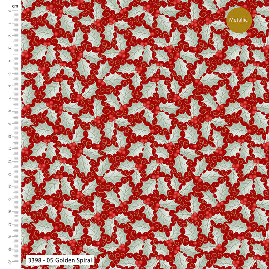 Patterned fabric with red berries and holly leaves on a white background, featuring a ruler on the left side.
