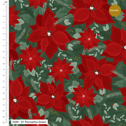 Pattern of red poinsettias and green leaves with a ruler on the side.