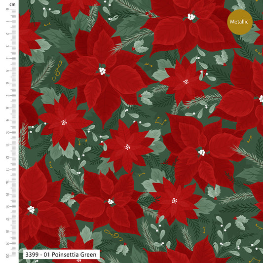 Pattern of red poinsettias and green leaves with a ruler on the side.