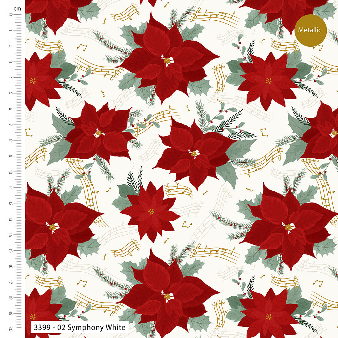 Pattern of red poinsettias and musical notes on a white background with a ruler for scale.