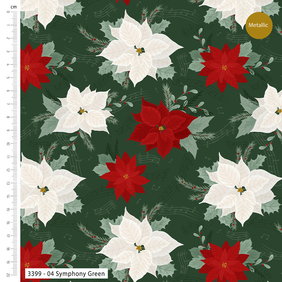 Pattern of red and white poinsettias on a green background with a ruler for scale.