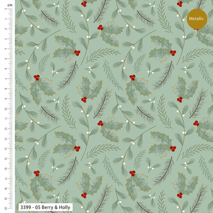 Festive fabric pattern with holly berries and leaves on a light blue background, featuring a ruler for scale.