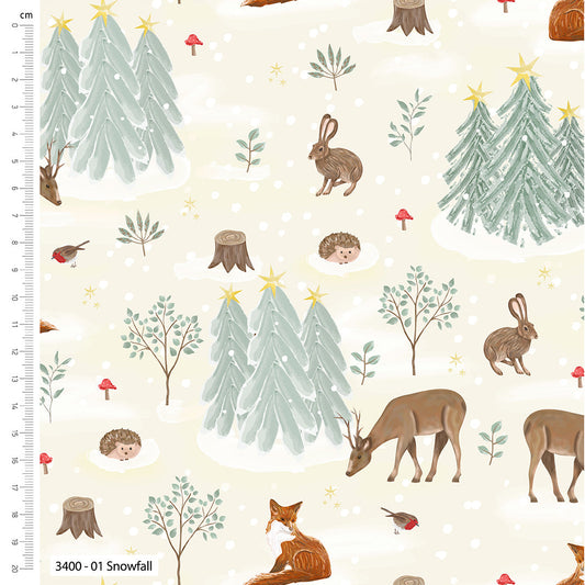 Fabric with forest-themed pattern including trees, animals, and plants on a beige background.
