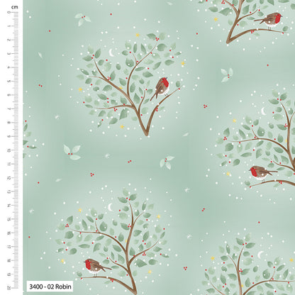 Pattern of trees with red birds on a light blue background with a ruler on the left.