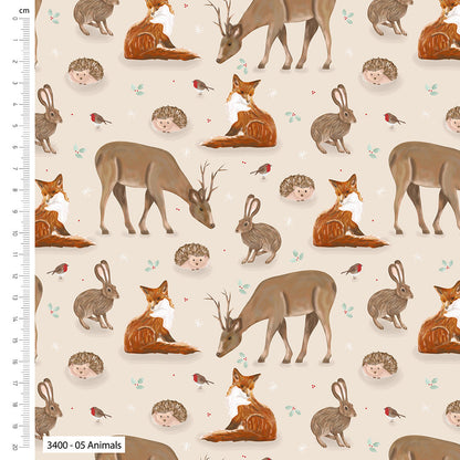Pattern of various woodland animals on a beige background with a ruler on the left side.