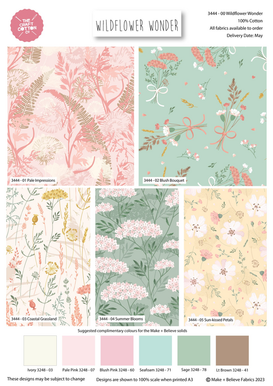 Collection of floral patterns with 'Wildflower Wonder' branding and color swatches.